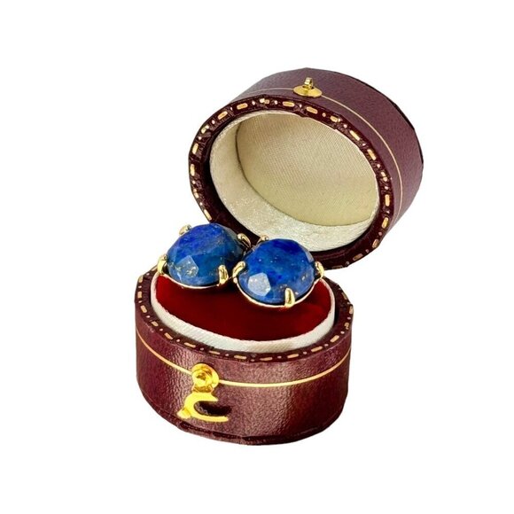 NWT Oval Stud Earrings Natural Lapis Lazuli 18K Gold Plated Setting - Picture 5 of 12
